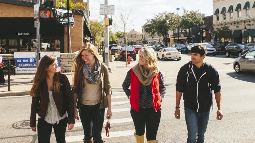 students walking around downtown naperville